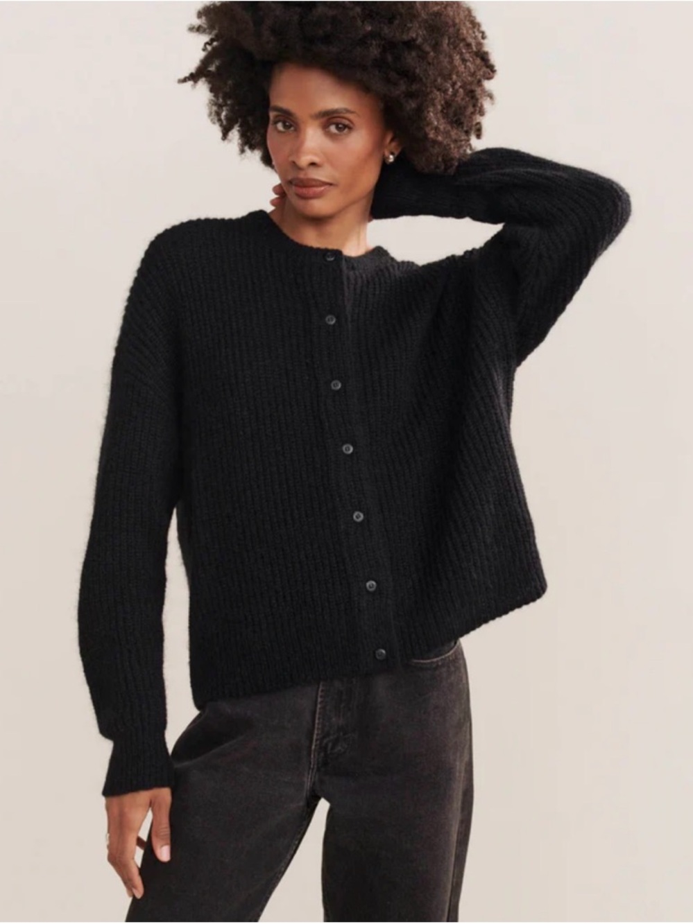 Jenni Kayne Hayes Black Button-Front Ribbed Knit Women's Cardigan Sweater